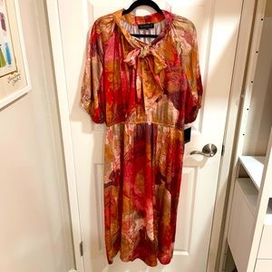 NWT - ELOQUII - Red, Pink and Yellow Watercolor Satin Dress - Size 22